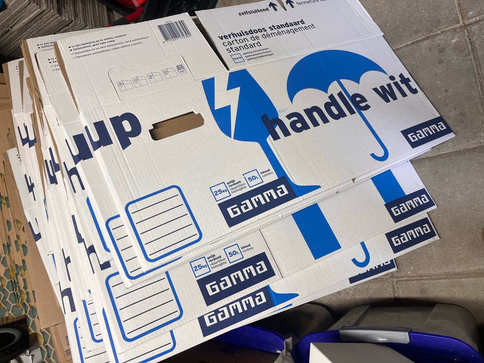 30 Verhuisdozen (Gamma en Action), Ophalen, 40 tot 60 cm, 50 tot 75 cm, 35 tot 50 cm