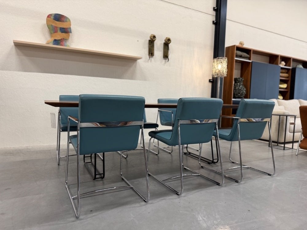 6 Leolux Spring eetkamerstoel Blauw leer Design stoel, Huis en Inrichting, Stoelen, Leolux, Info@leolux.nl, Blauw, Ophalen of Verzenden
