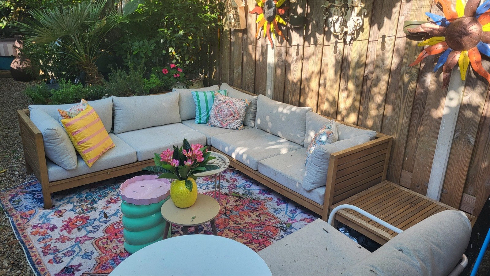 Houten loungeset met tafel/poef en hoes, Tuin en Terras, Ophalen