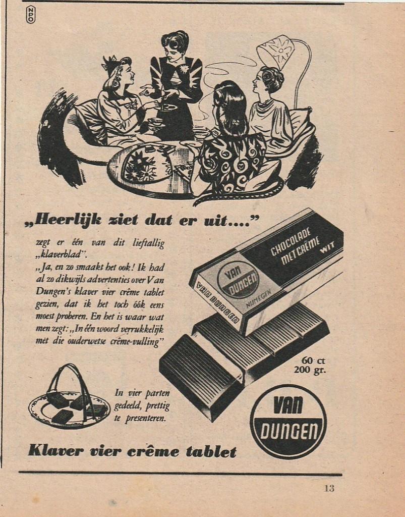 Retro reclame 1948 Van Dungen chocola lieftallig klaverblad, Verzamelen, Retro, Verzenden, Overige typen