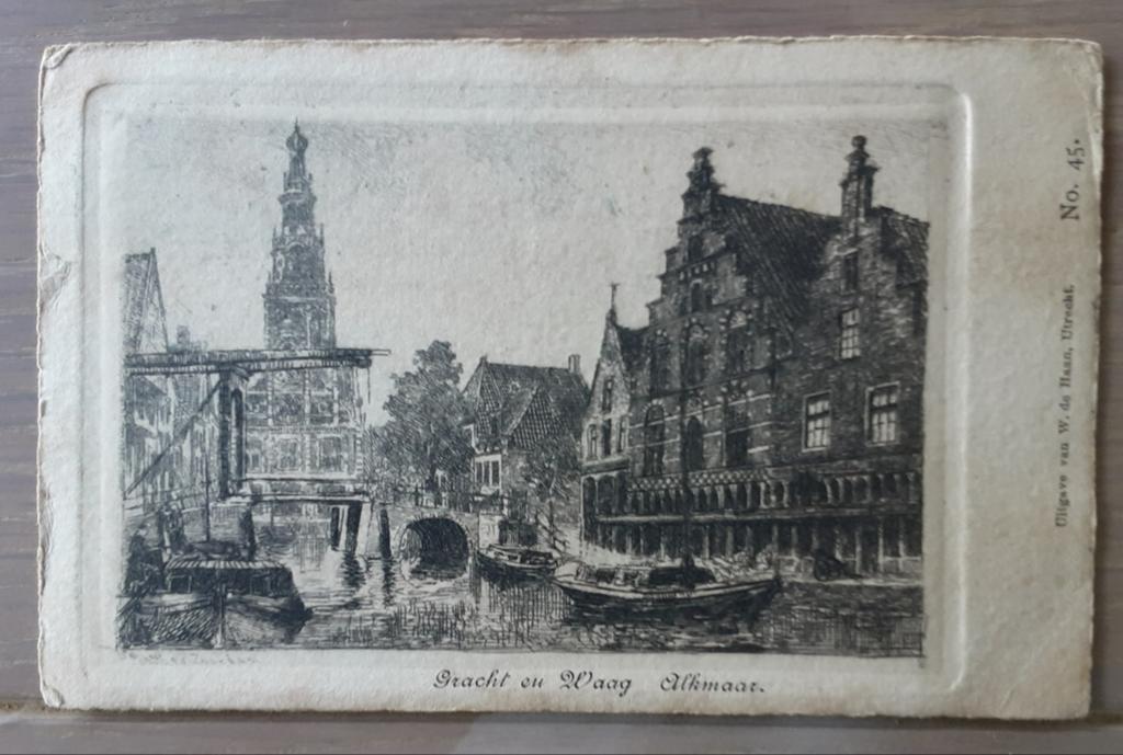 Alkmaar etsje van Oscar Paul Matthes - Gracht en Waag, Stadsgezicht, Ophalen of Verzenden, 7 cm, 11 cm
