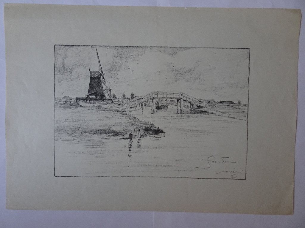 Litho brug met molens en boot, Zaandam onbekend signatuur, Antiek en Kunst, Kunst | Litho's en Zeefdrukken, Verzenden, Landschappen