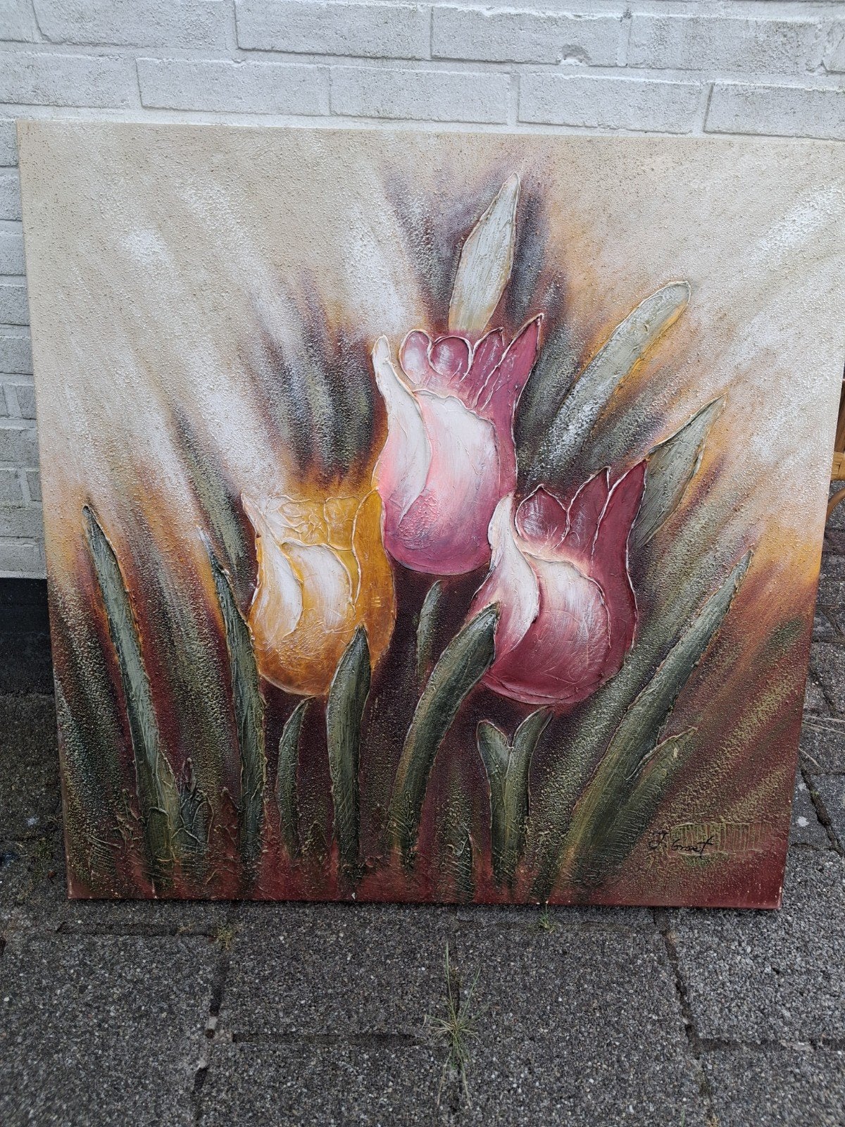 Schilderij met tulpen - gesigneerd, Ophalen of Verzenden, Realistisch, Bloemen, Doek