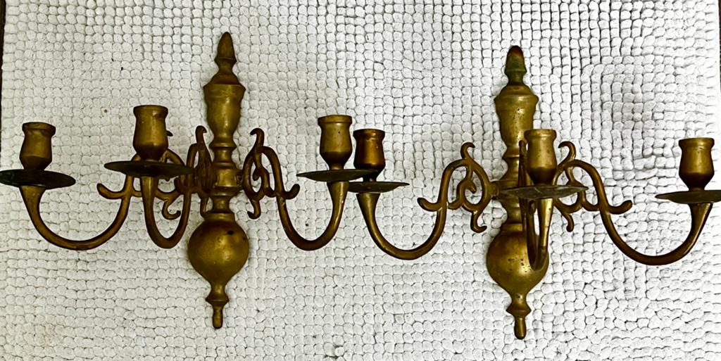 Vintage wandkandelaars- lusters met 3 armen. Twee stuks., Ophalen of Verzenden, Koper of Brons