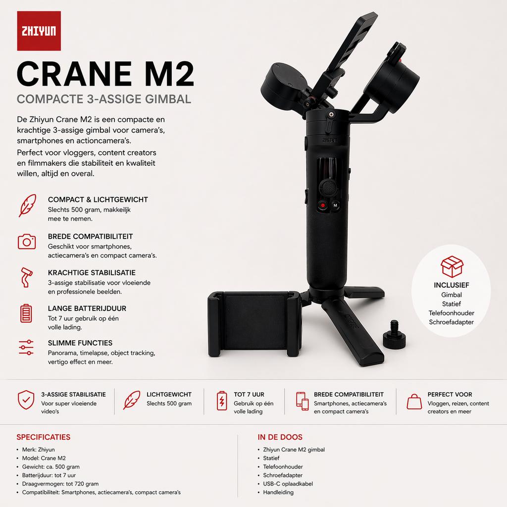 Zhiyun Crane M2 Gimbal - Stabilisator voor camera & smartpho, Audio, Tv en Foto, Fotografie | Statieven en Balhoofden, Ophalen of Verzenden