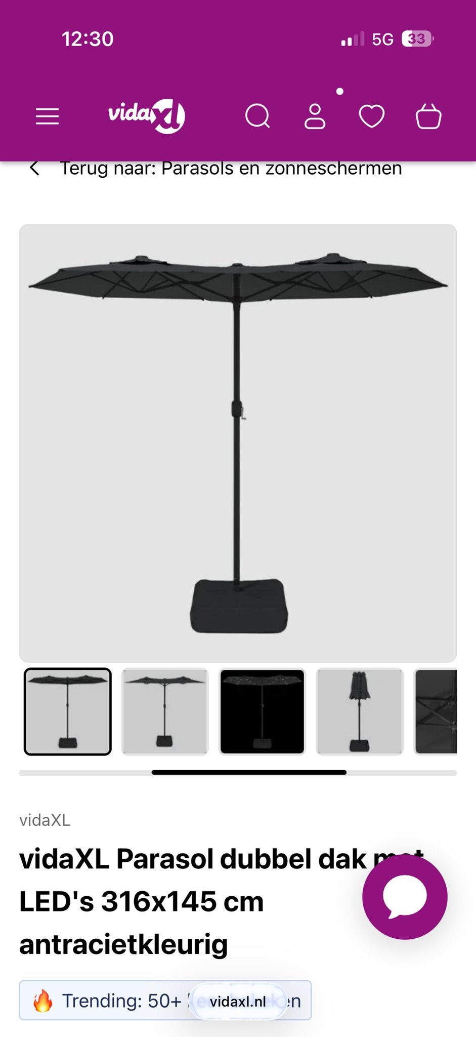 vidaXL Parasol dubbel dak met LED's 316x145 cm antraciet, Ophalen, Nieuw, 3 tot 4 meter, Stokparasol