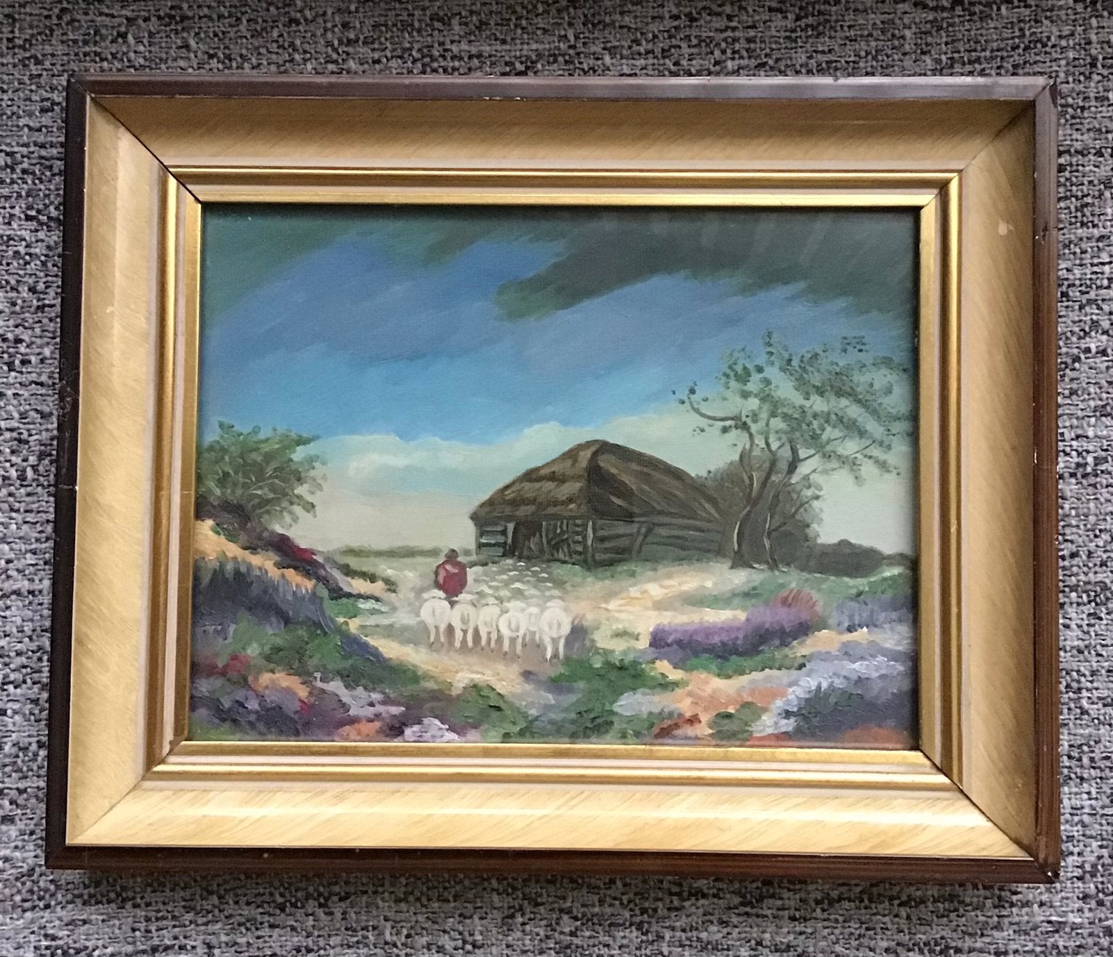 Schaapsherder met schapen op de hei  24x18 cm, Ophalen of Verzenden