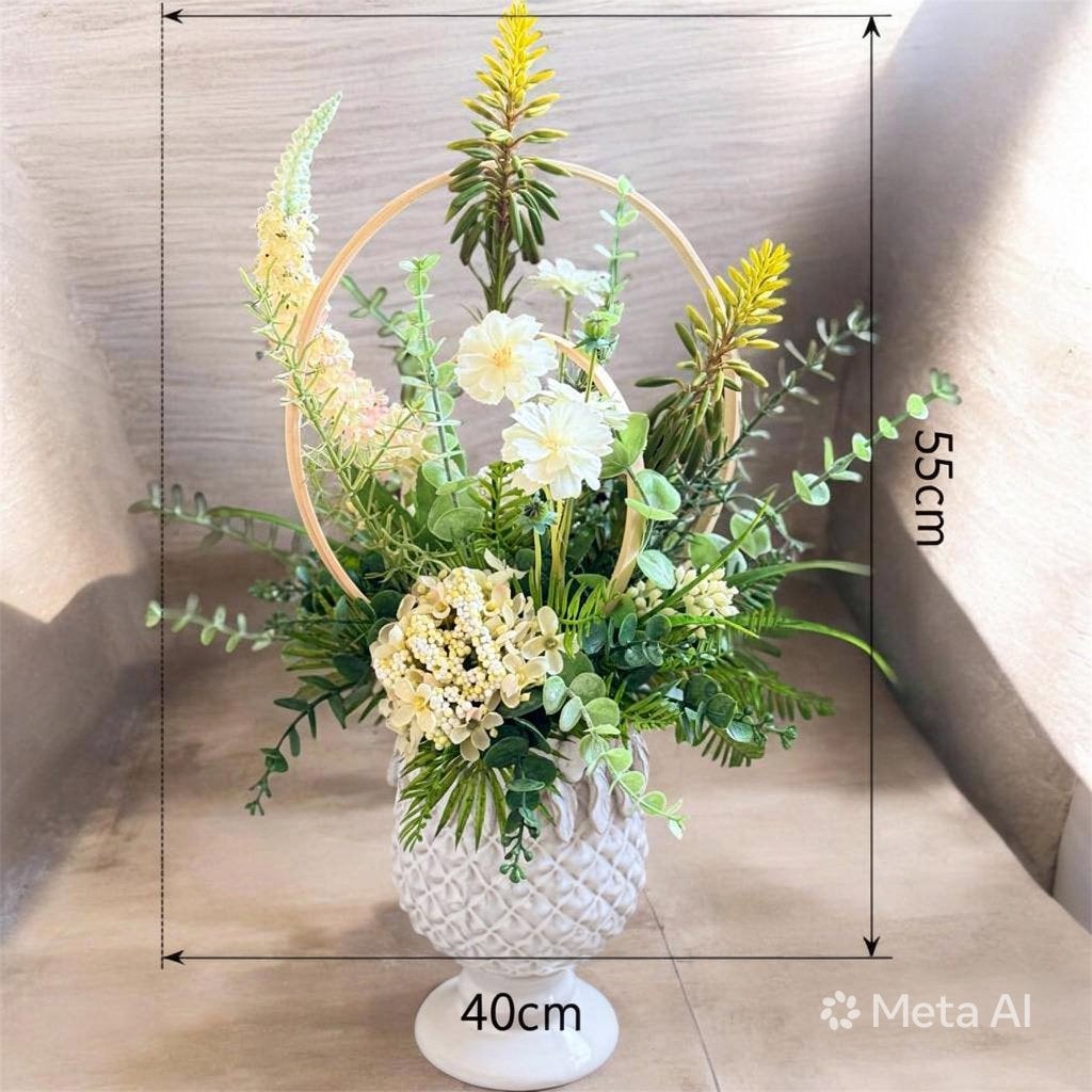 Zijden bloemstuk opgemaakt in een witte ananas vaas, 55 cm, Handgemaakt, Wit, Fransidzesflowercreations
