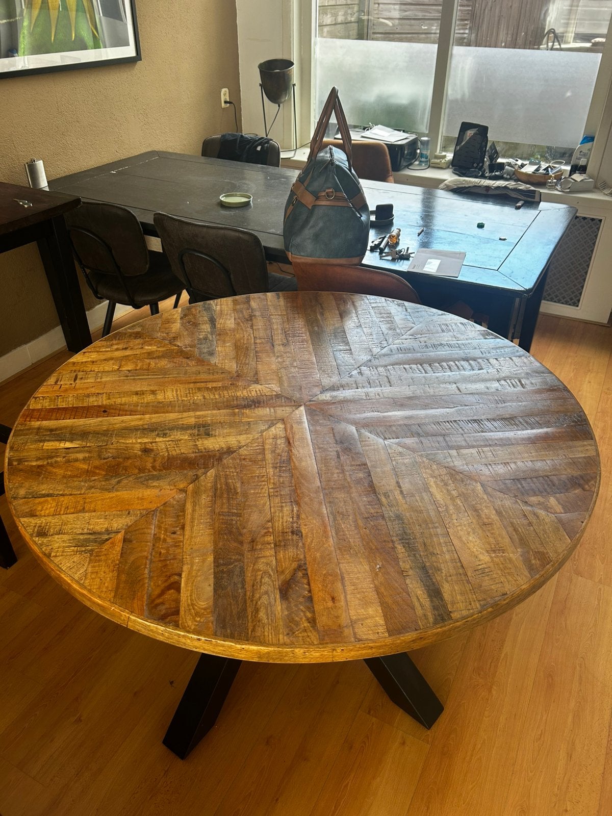 Ronde Houten Eettafel, Ophalen, Rond, Industrieel / Landelijk, Zo goed als nieuw