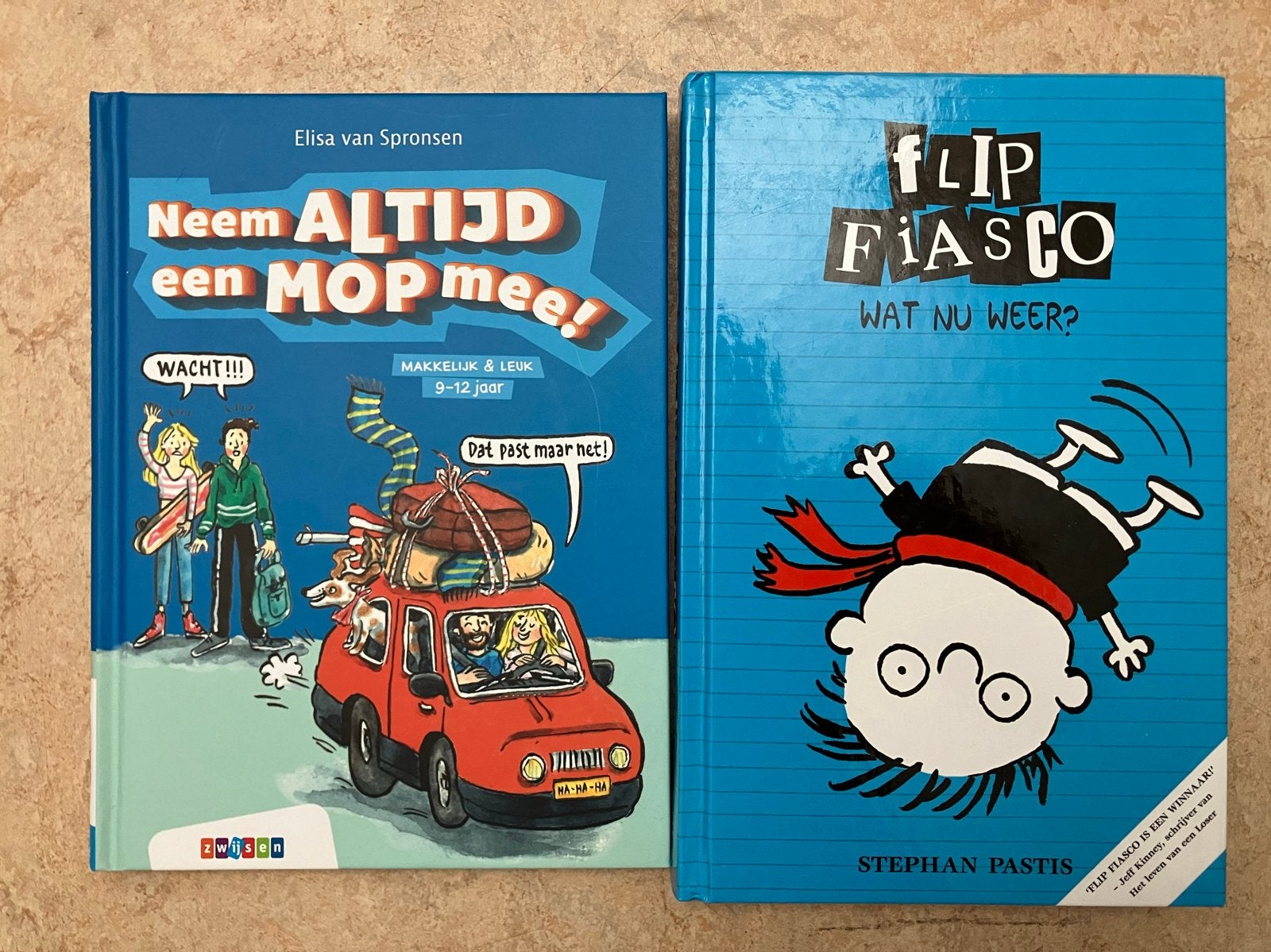 Moppenboek en Flip Fiasco: 2 kinderboeken in goede staat, Ophalen, Zo goed als nieuw, Fictie