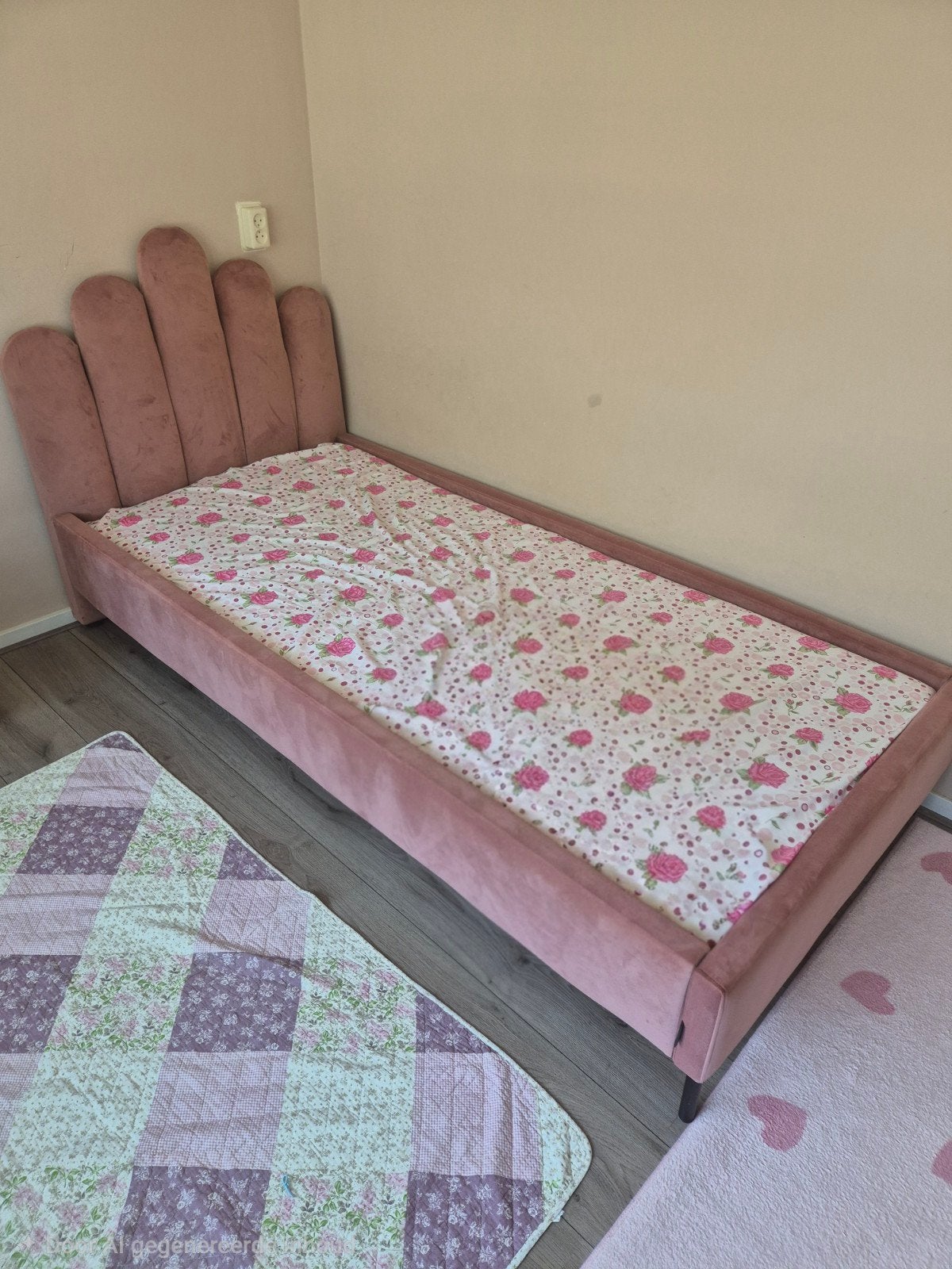 Roze eenpersoonsbed met hoofdbord en matras, 85 tot 100 cm, Nieuw, Ophalen of Verzenden, Matras