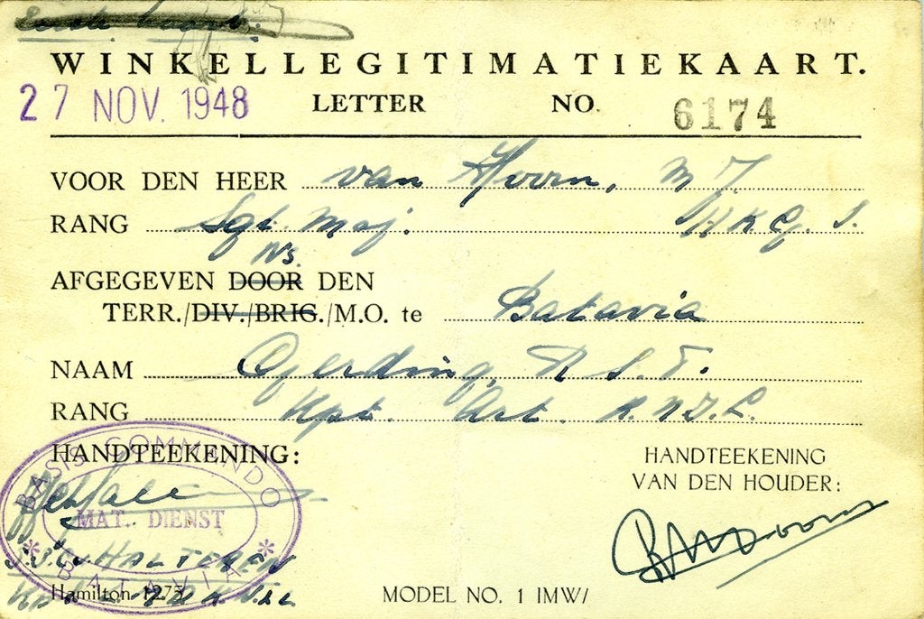 Winkel legitimatiekaart Batavia 1948, 20e eeuw of later, Ophalen of Verzenden, Zo goed als nieuw, Azië