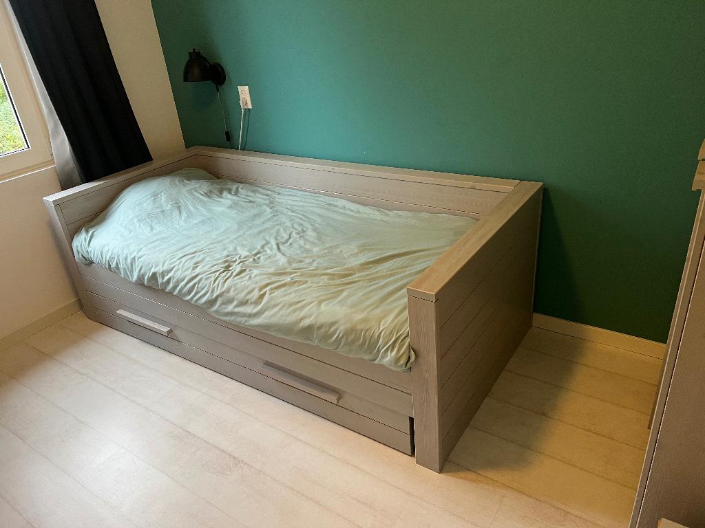 WOOOD Bed Dennis met bedlade grijs, Ophalen, 85 tot 100 cm, Gebruikt, Lattenbodem