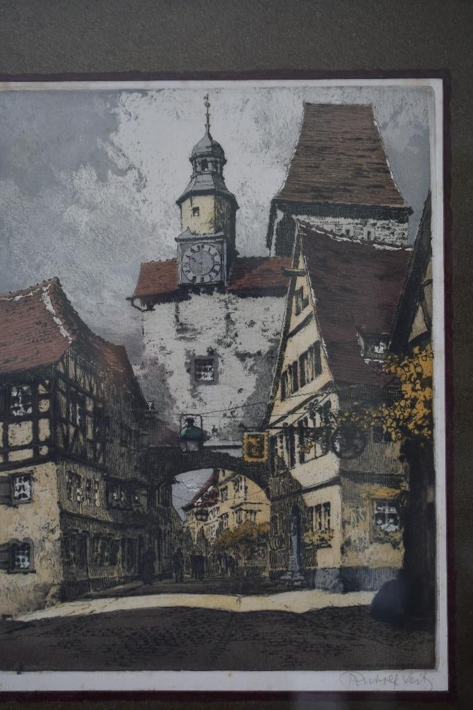 Rudolf Veit Signed original Etching of Rothenberg, Antiek en Kunst, Kunst | Etsen en Gravures, Ets, Stadsgezicht, Ophalen of Verzenden
