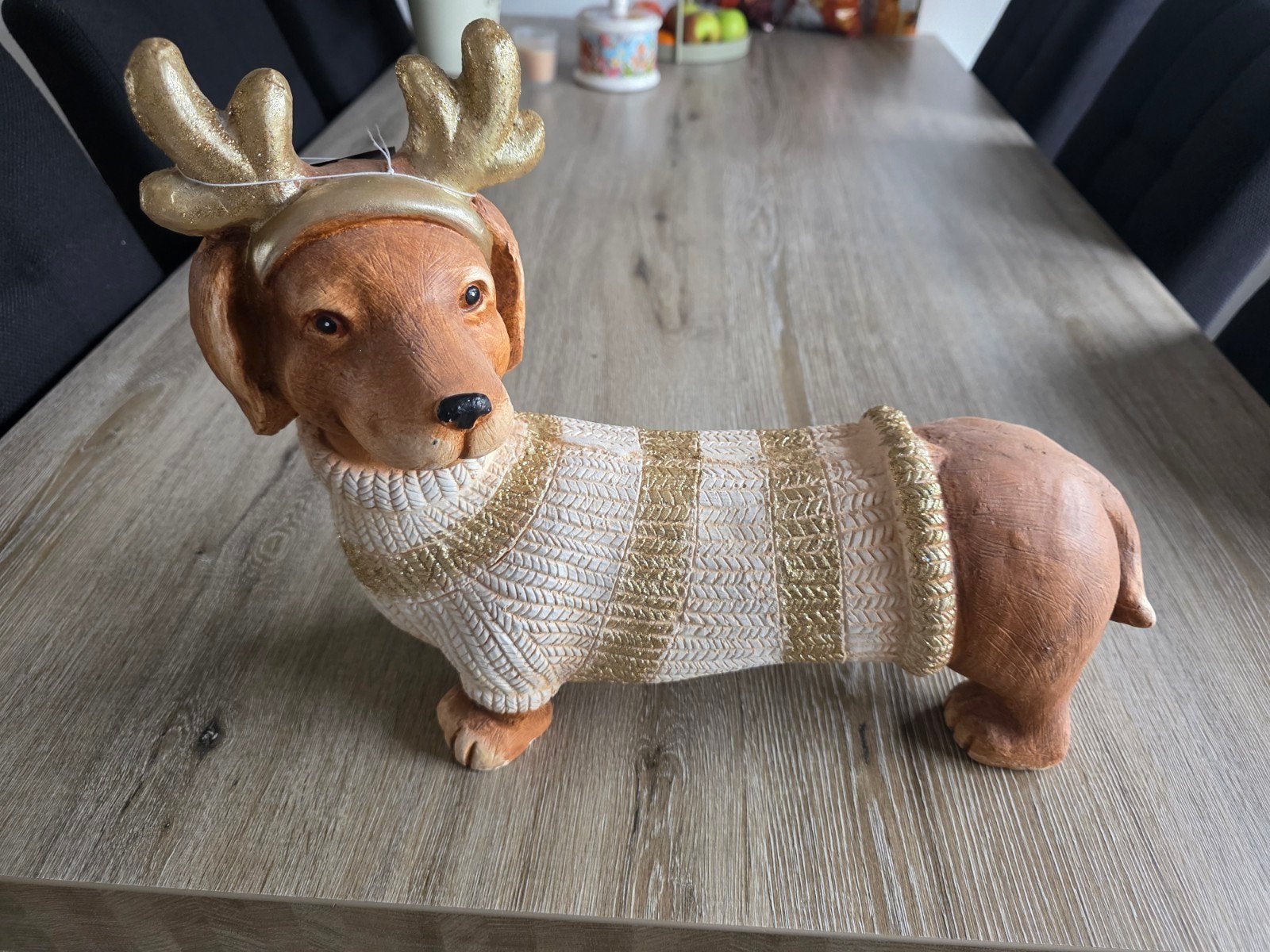 Teckel Kerst Decoratie met Gewei en Trui, Meerkleurig, Overige stijlen, Ophalen of Verzenden, Zo goed als nieuw
