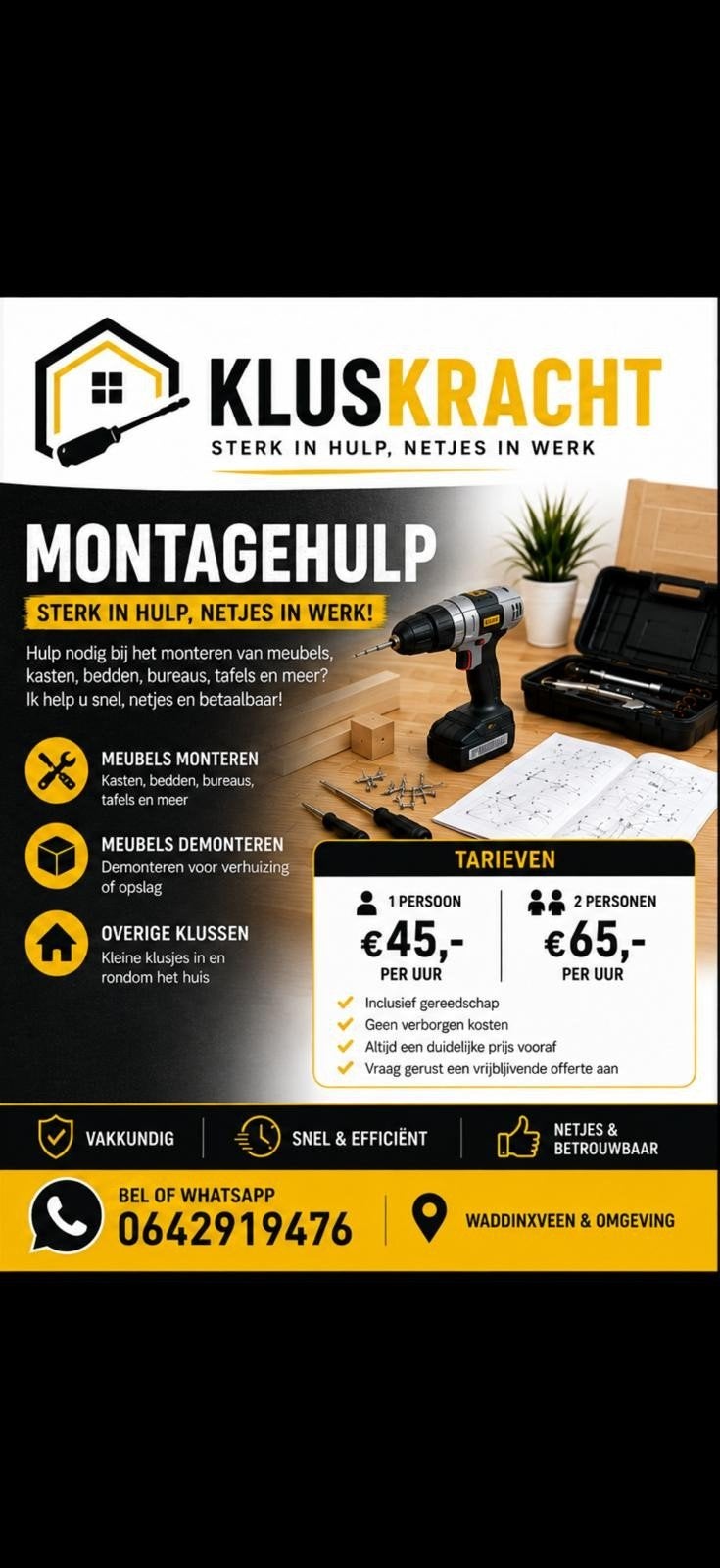 KLUSKRACHT / MONTAGEHULP, Ophalen of Verzenden
