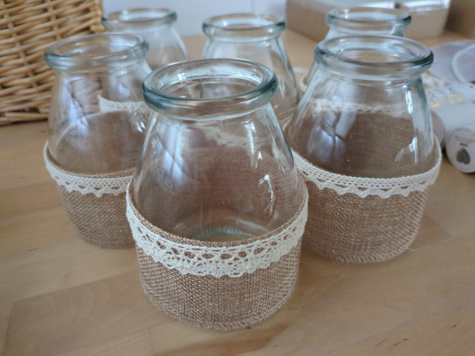 6 Glazen Vaasjes met Jute en Kant - Bruiloft Decoratie, Ophalen