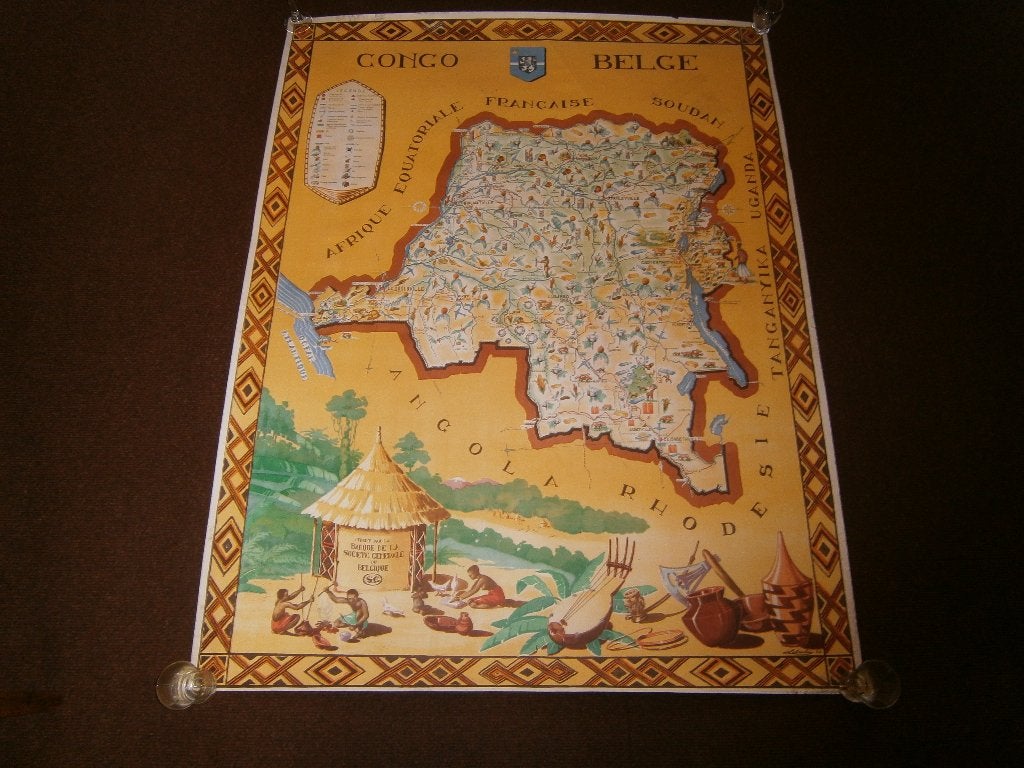 Antieke, geïllustreerde kaart Congo, 1949, Frans Laboulais, Gelimiteerde oplage, Ophalen of Verzenden, Overige techniek