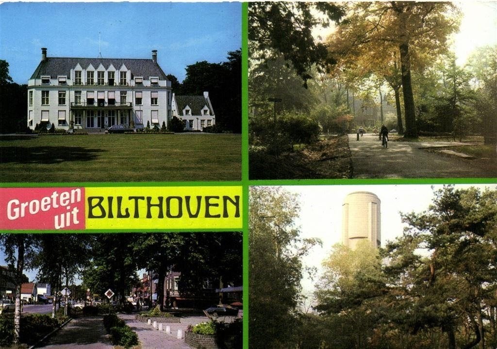 Groeten uit Bilthoven - 4 afb o.a. watertoren - gelopen, Ophalen of Verzenden, 1980 tot heden, Gelopen, Utrecht
