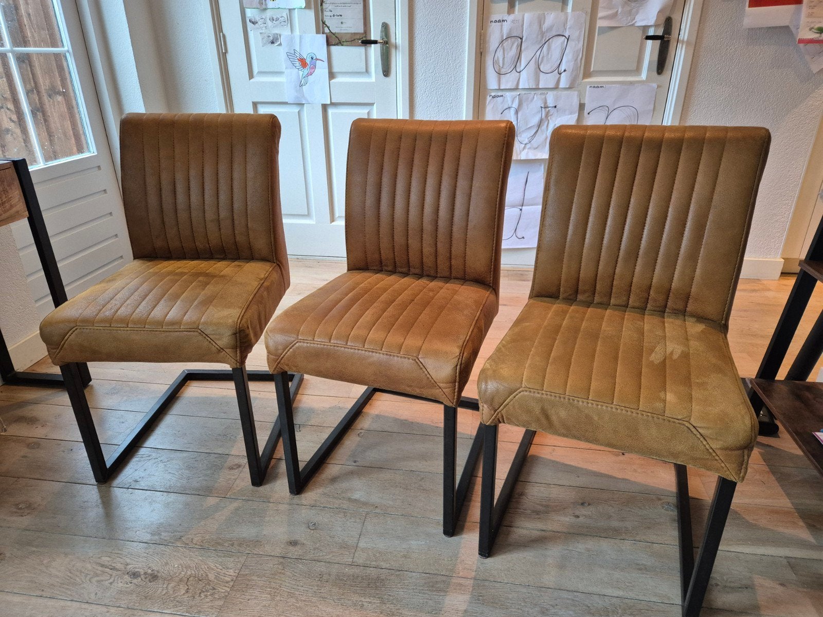 cognac eetkamerstoelen en bankje, Ophalen, Gebruikt, Bruin, Leer
