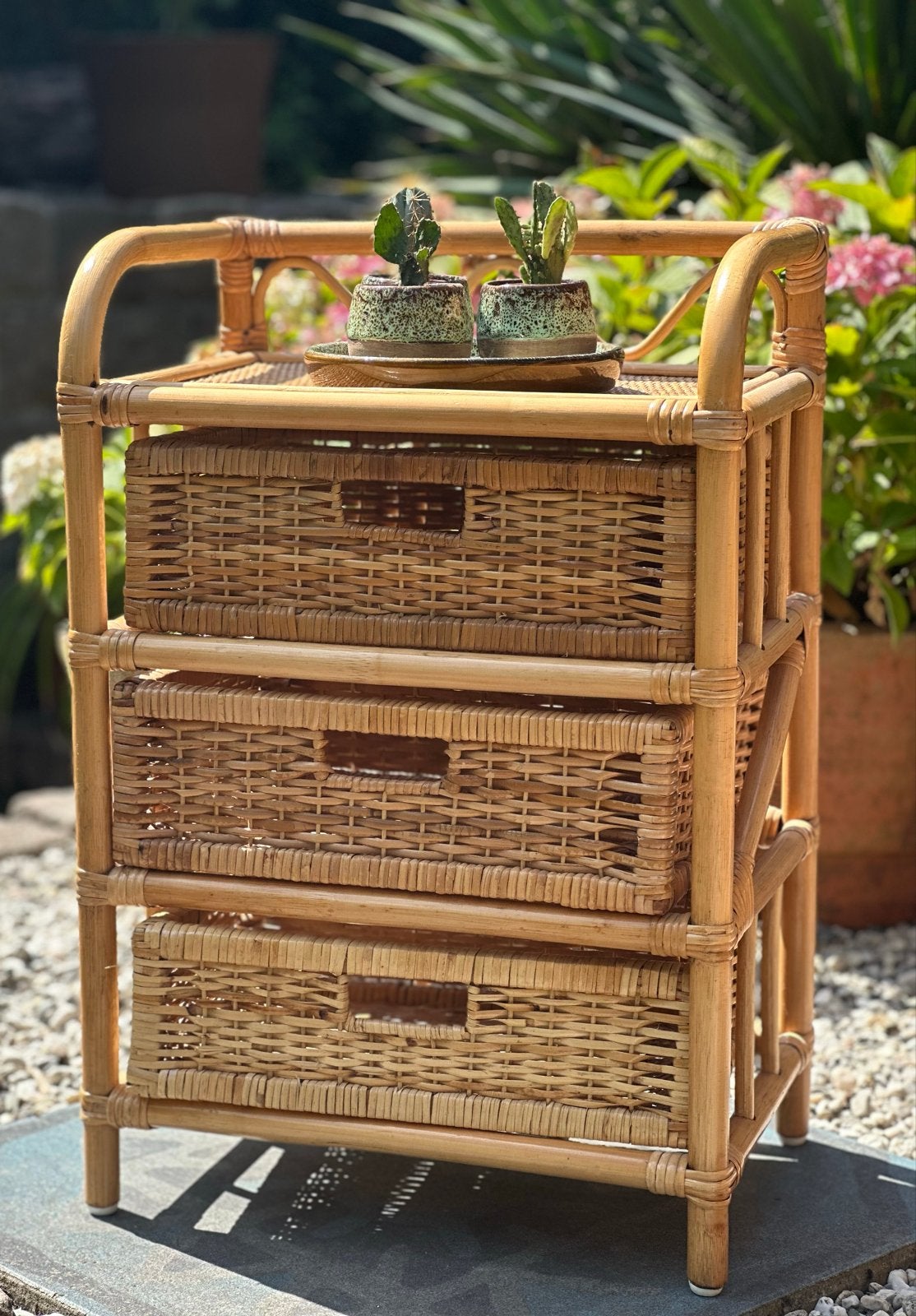 Set van 2 vintage rotan ladekastjes met 3 laatjes, Huis en Inrichting, Kasten | Ladekasten, Ophalen, Minder dan 50 cm, Zo goed als nieuw