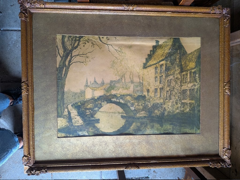Reproductie van de Meebrug te Brugge, Ophalen of Verzenden, Ingelijst