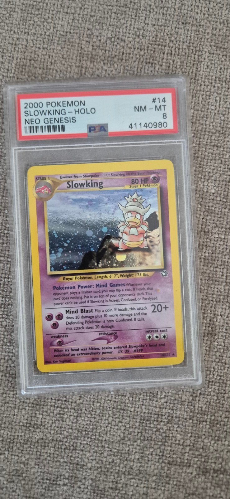 Slowking Holo #14 Neo Genesis PSA 8 Pokémon Kaart, Ophalen of Verzenden, Zo goed als nieuw, Losse kaart, Foil