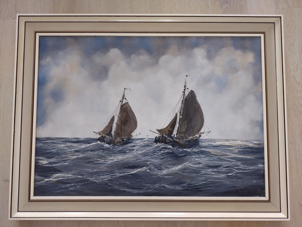 Schilderij met twee zeilschepen op woelige zee, Ophalen of Verzenden