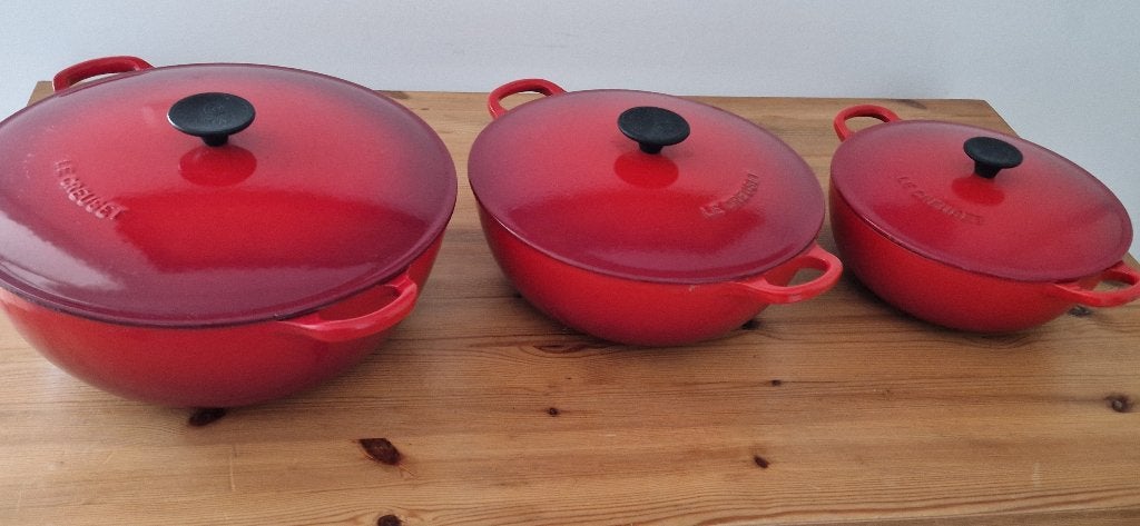 Le Creuset pannenset rood, Ophalen, Gebruikt, Gietijzer, Met handvatten