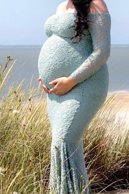 Prachtige mintgroene zwangerschapsjurk Mii Estillo, Ophalen of Verzenden, Zo goed als nieuw, Overige kleuren, Onder de knie