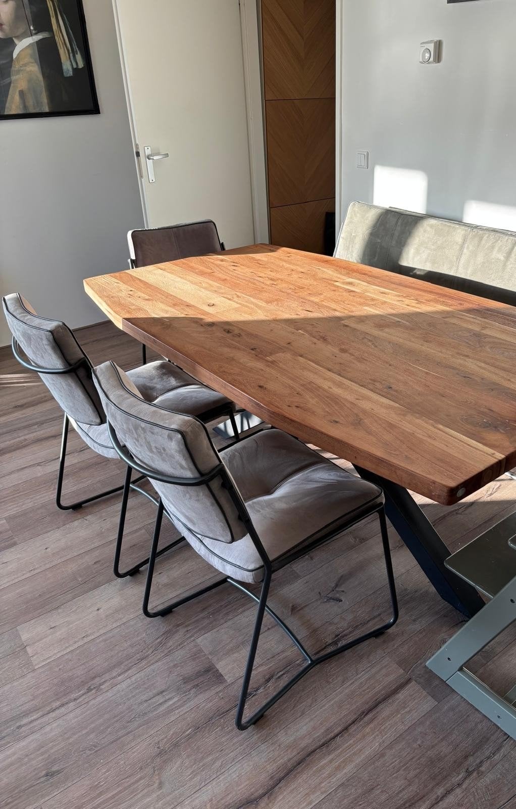 Henders en Hazel Set van 4 eetkamerstoelen en 1 bankje, Huis en Inrichting, Stoelen, Ophalen, Gebruikt, Overige kleuren, Industrieel, Modern