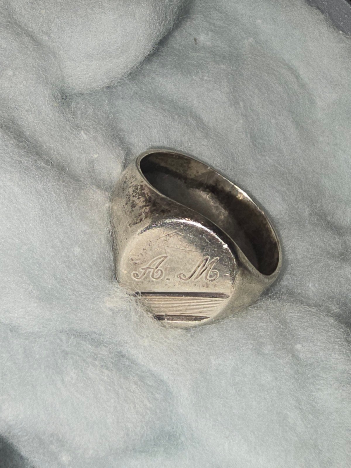 Vintage Zilveren Zegelring met Initialen A.M., Sieraden, Tassen en Uiterlijk, Ringen, 18 tot 19, Gebruikt, Ophalen of Verzenden