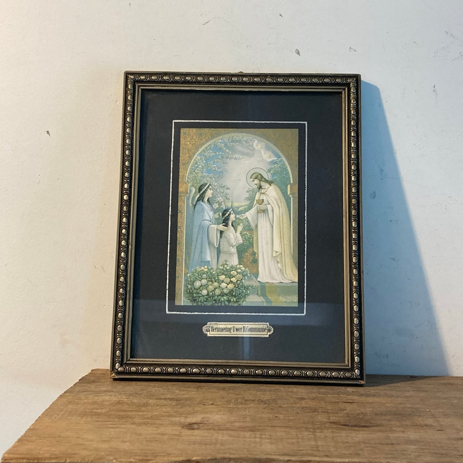 Vintage Devotieprent H. Communie in Bewerkt Kader 18x23cm, Antiek en Kunst, Ophalen of Verzenden