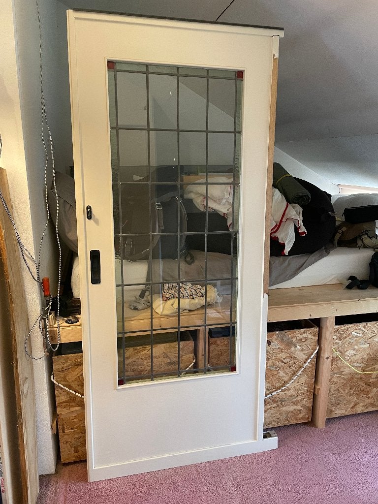 Antieke ensuite schuifdeuren met glas in lood ramen, Doe-het-zelf en Verbouw, Ophalen, Gebruikt, 120 cm of meer, Binnendeur