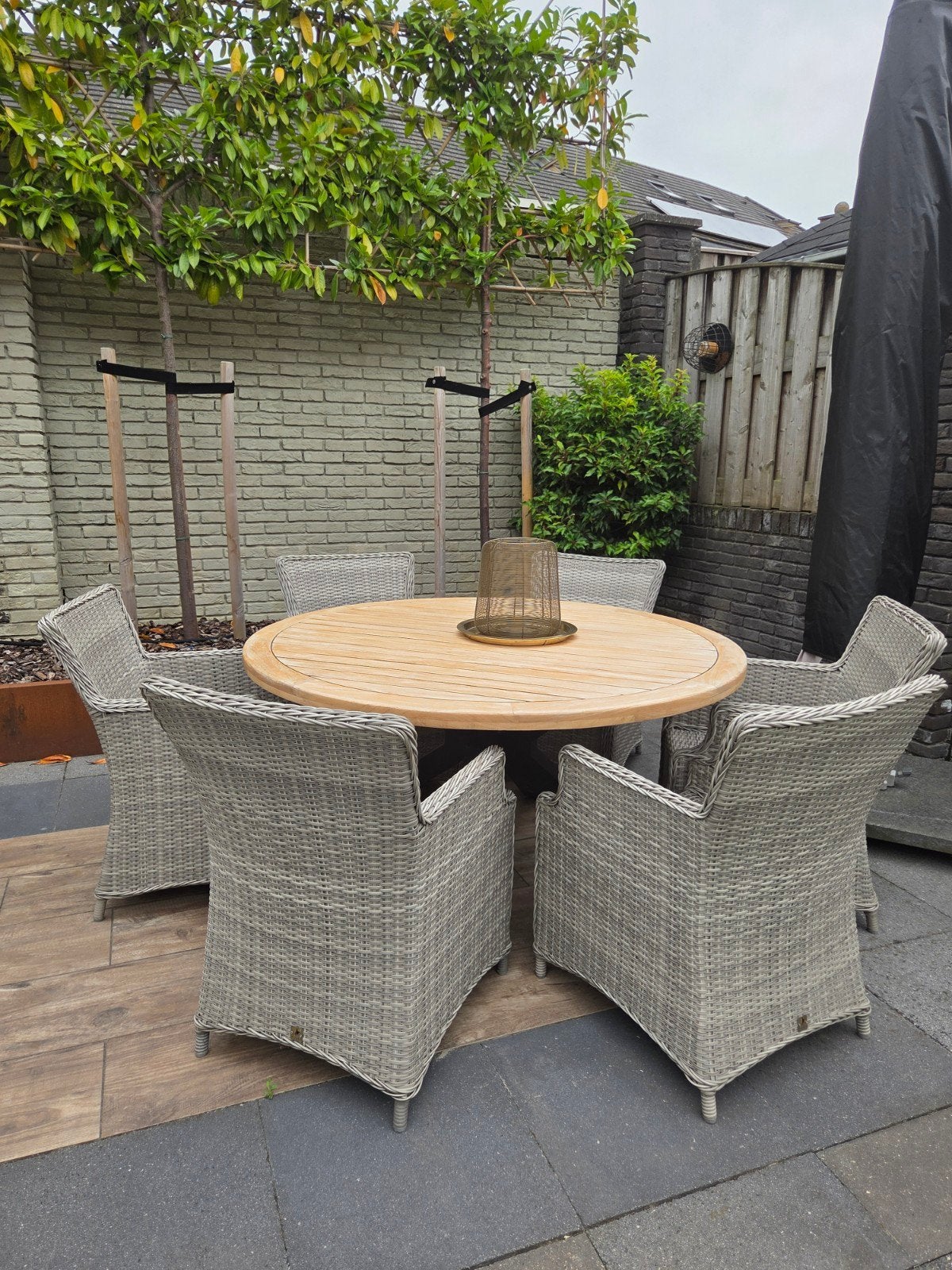 Tuinset ronde teak tuintafel met 6 stoelen., Ophalen, Gebruikt, Rond
