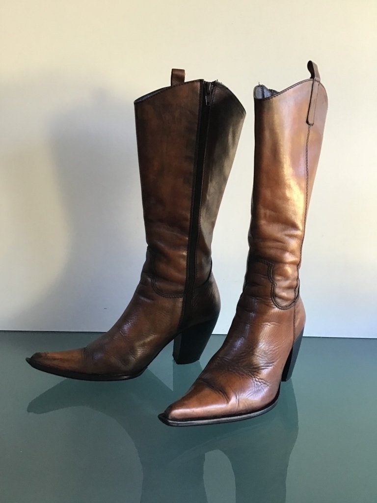 Vintage boho laars 38 | Bruin leer | Rits | Gratis verzenden, Hoge laarzen, Bruin, Verzenden, Zo goed als nieuw