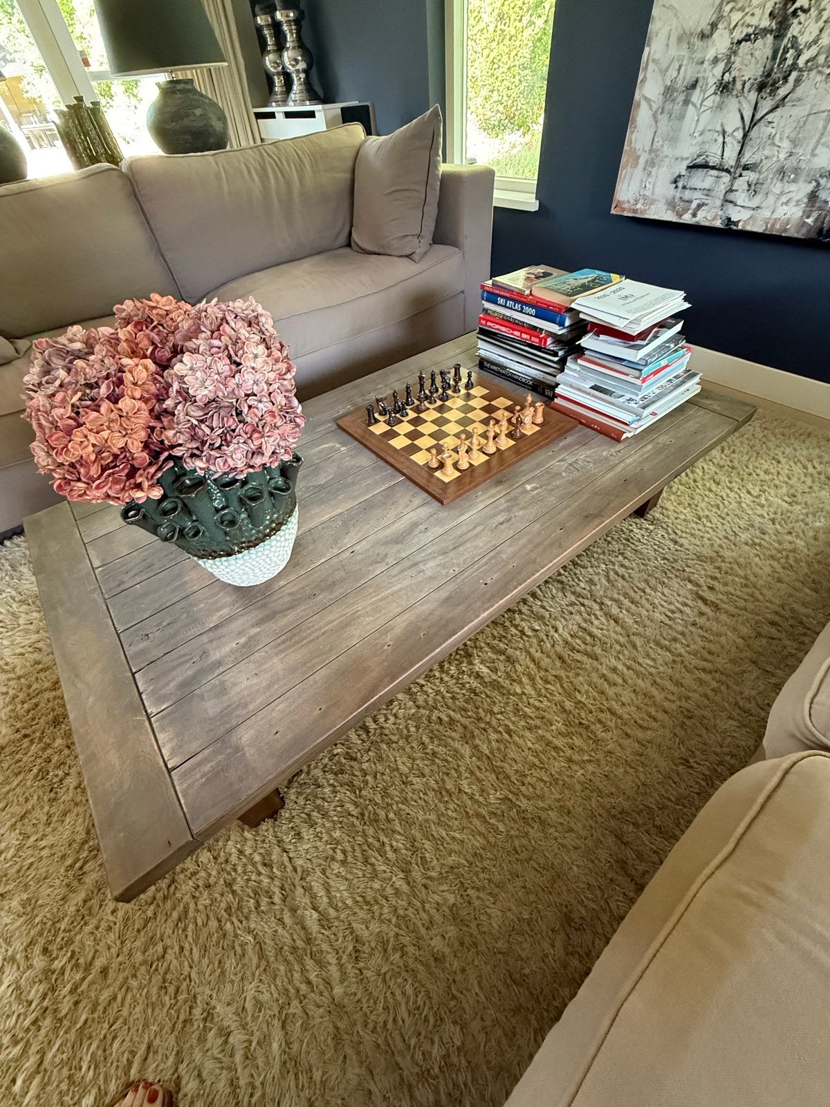 Massief houten salontafel - 160x90x37 cm, Ophalen, Gebruikt, 50 tot 100 cm, 150 tot 200 cm