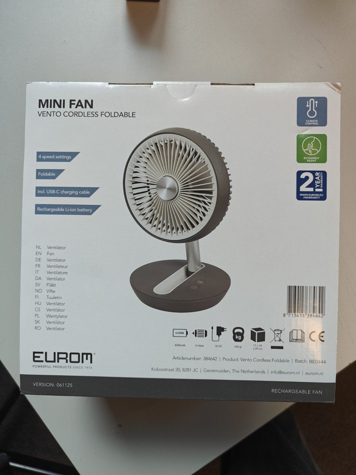 Eurom Vento Cordless Foldable Mini Ventilator - Nieuw, Ophalen of Verzenden, Nieuw, Tafelventilator