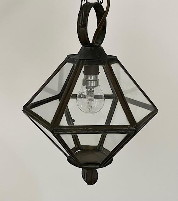 Vintage Franse koperen hal lamp met helder glas, Ophalen of Verzenden, Gebruikt, Glas, Minder dan 50 cm