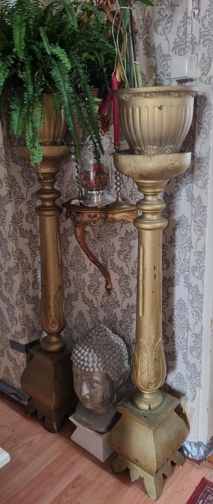2 Gouden Kolommen voor Bloempotten, Massief Hout, met Varen, Ophalen of Verzenden