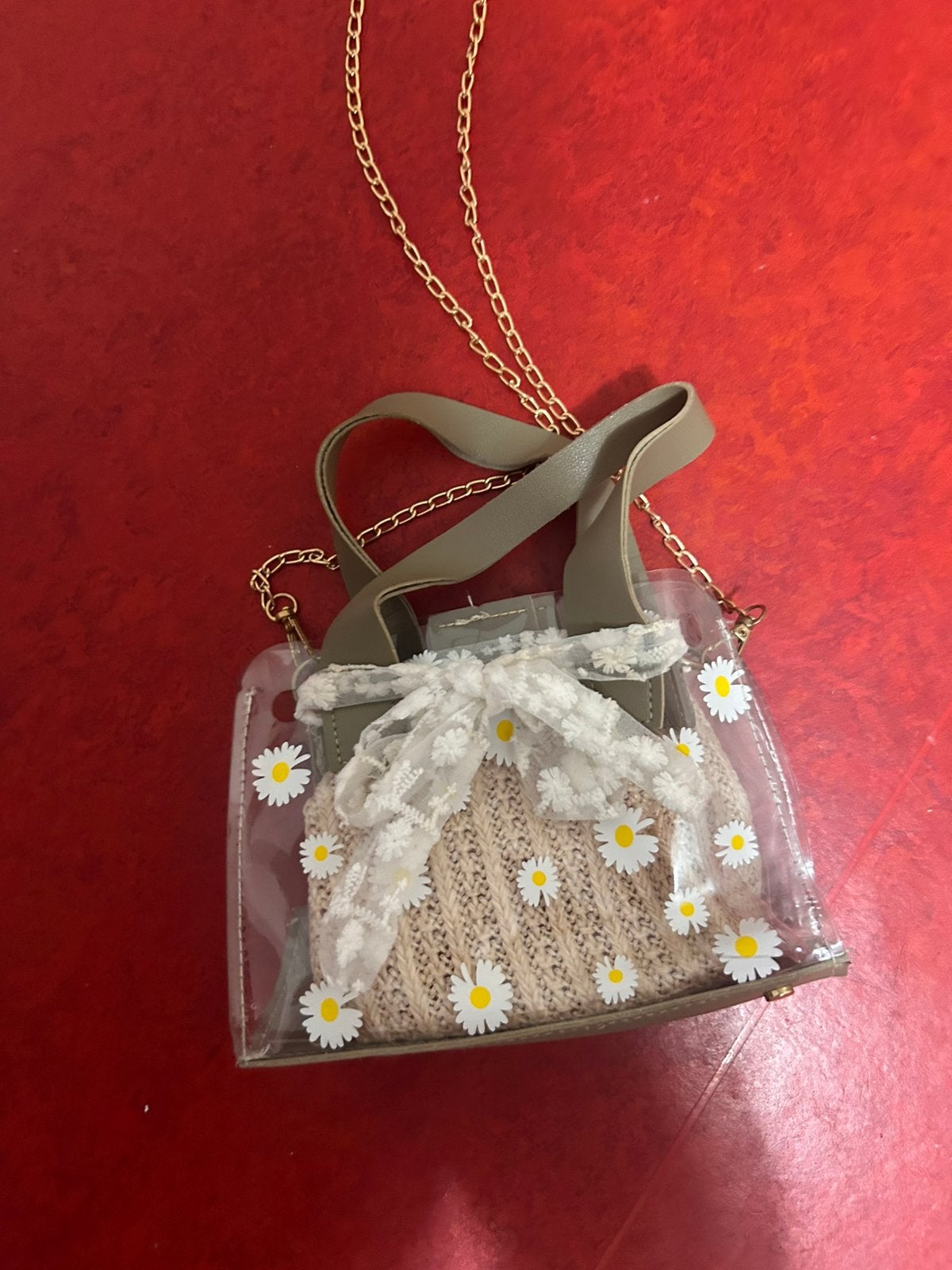 Transparante tas met madeliefjes green floral bag, Ophalen of Verzenden, Zo goed als nieuw, Beige, Schoudertasje