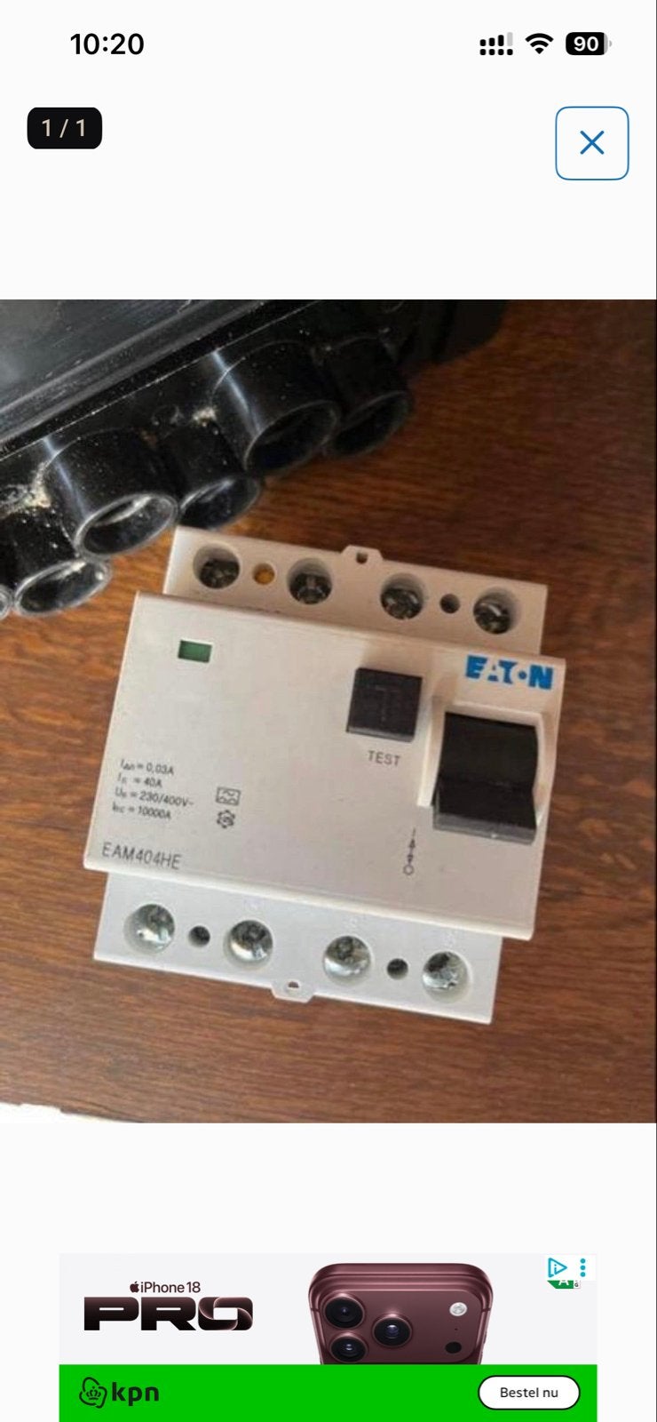Eaton Aardlekautomaat EAM404HE 40A 0.03A, Doe-het-zelf en Verbouw, Ophalen of Verzenden, Gebruikt, Eaton, Aardlekautomaat