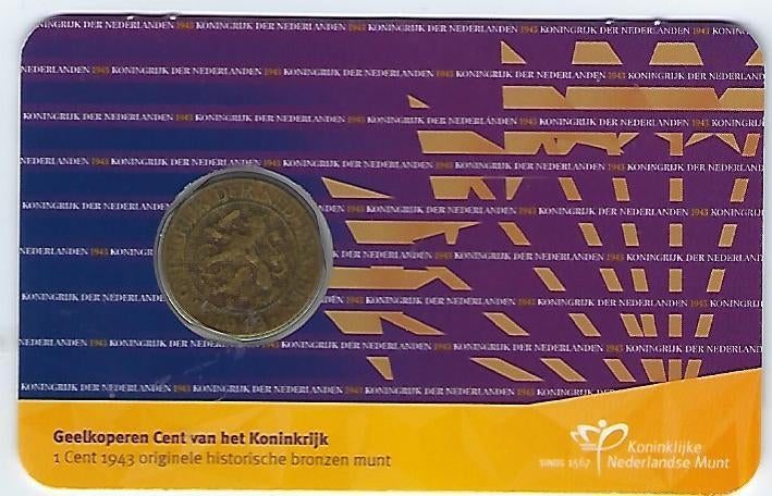 coincard Nederland cent van 1943, Ophalen of Verzenden, Koningin Wilhelmina, 1 cent