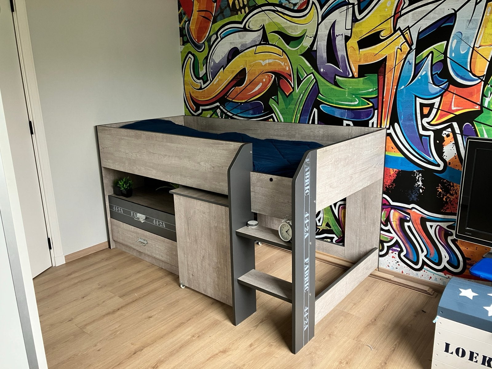 Halfhoogslaper met bureau en opbergruimte, Ophalen, Gebruikt, 90 cm, Eenpersoons