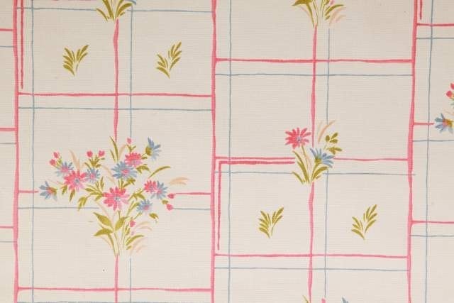12471 Vintage keukenbehang met ruiten en bloemen swiet, Ophalen of Verzenden, Roze