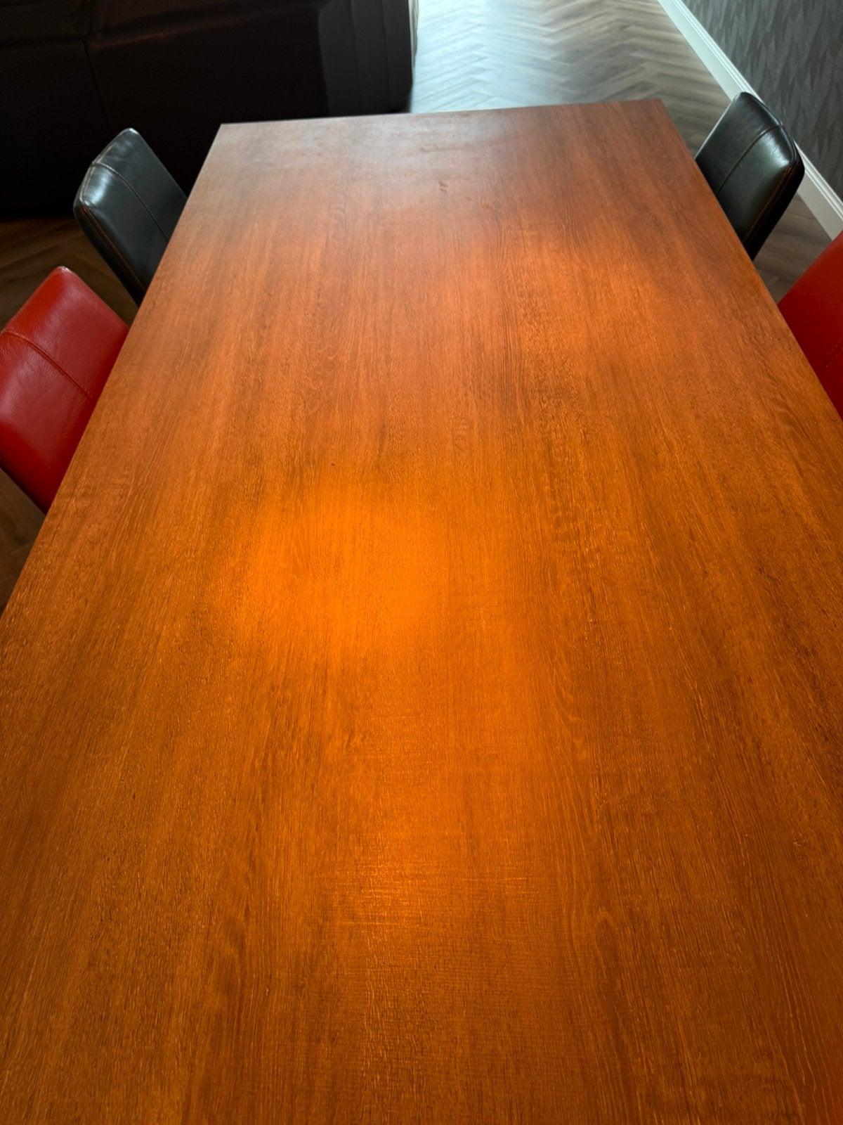 Eettafel massief en 6 leren stoelen, Ophalen, Zo goed als nieuw, Rechthoekig, 50 tot 100 cm