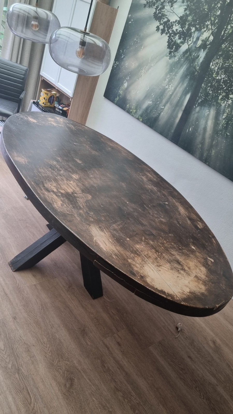 Ovale eettafel - Donker hout met metalen onderstel, Overige houtsoorten, Gebruikt, Ophalen of Verzenden, 150 tot 200 cm