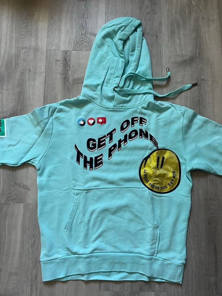 Turquoise hoodie met smiley en tekstprint maat S, Kleding | Dames, Verzenden, Zo goed als nieuw, Maat 36 (S), Overige kleuren