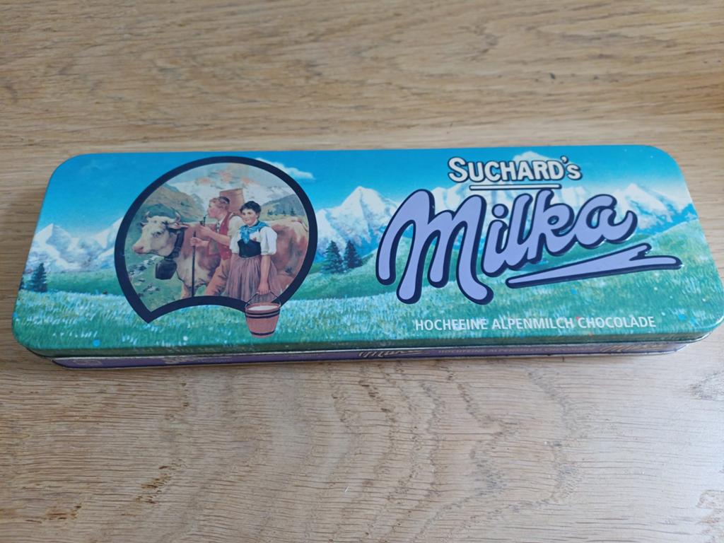Vintage Milka Suchard blik - Alpenmelk Chocolade, Verzamelen, Ophalen of Verzenden, Gebruikt, Overige, Overige merken