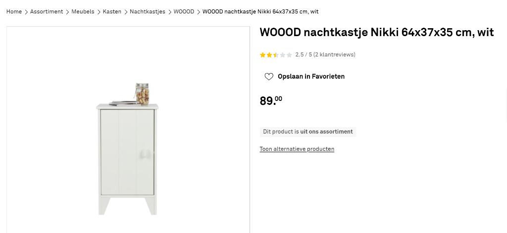 Woood nachtkast wit (Nikki), Ophalen, Minder dan 45 cm, 55 tot 70 cm, Zo goed als nieuw